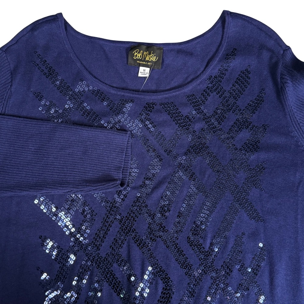 Bob Mackie Wearable Art Navy Blue Sequined Lattice Tunic Sweater Womens 1X NWT